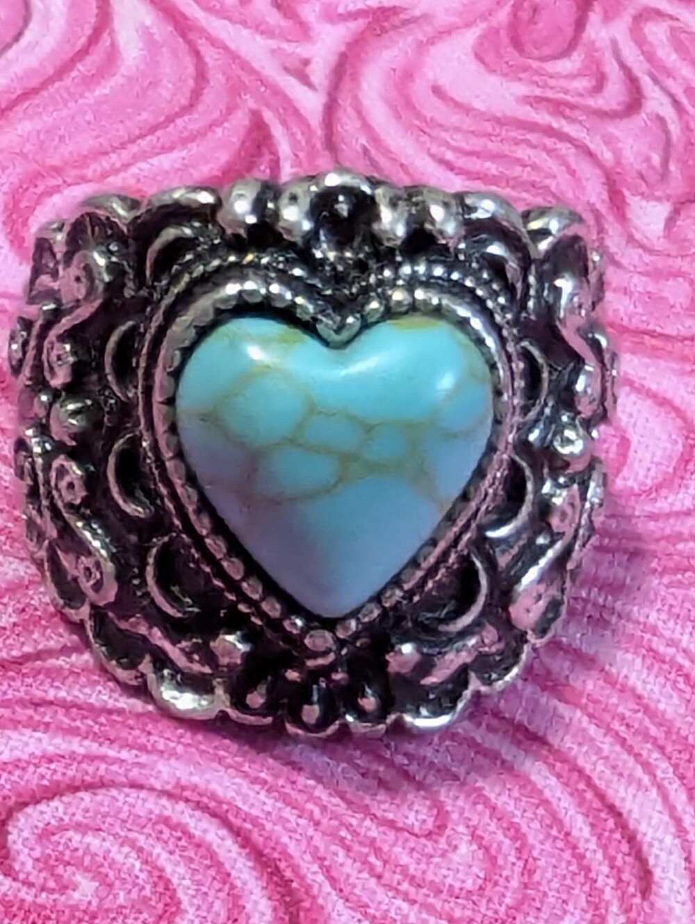 TURQUOISE HEART 💙 RING ART DECO LADY SIZE 8 WOMEN EXQUISITE INTRICATE DETAILS!!